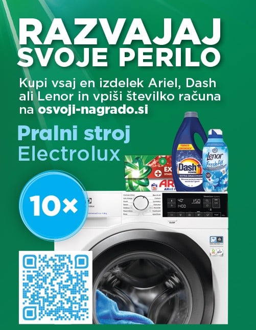 Nagradna igra RAZVAJAJ SVOJE PERILO, slika pralnega stroja in produktov za pranje perila