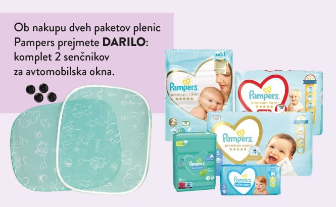 Ob nakupu dveh paketov plenic Pampers prejmete DARILO: komplet 2 senčnikov za avtomobilska okna. Pampers plenice in darilo ob nakupu - 2 senčnika za avtomobilska okna