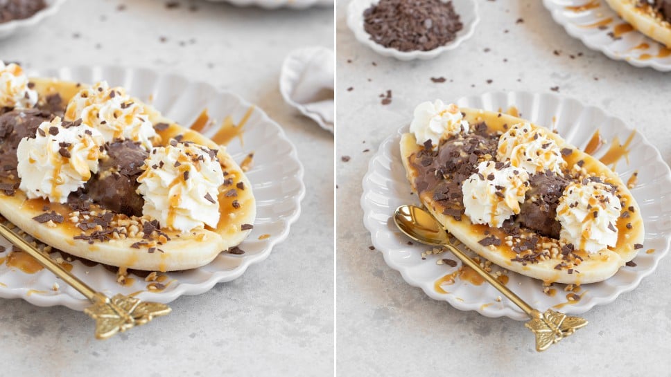 Banana split s čokolado, karamelo in arašidi - Nina Kastelic, Leaneen