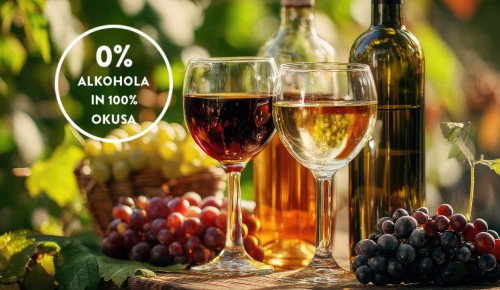 0% vino, kozarca rdečega in belega vina obdana z grozdjem