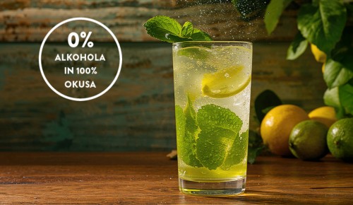 0% žgane pijače, mojito na leseni podlagi