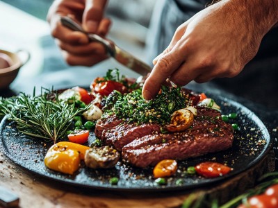 Goveji steak na črnem krožniku z zelenjavo
