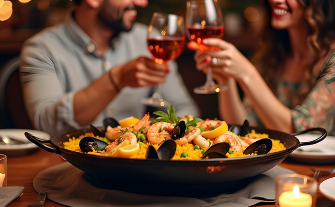 Španska paella z mladim parom v ozadju.
