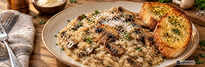 Na krožniku postrežena rižota z gobami, parmezanom in popečenim česnovim kruhkom