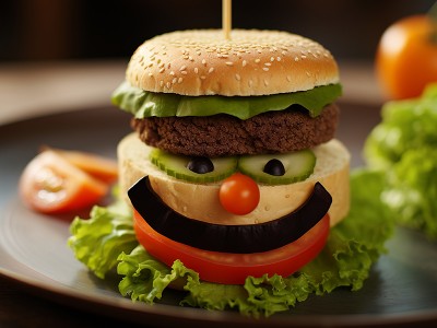 Burger v obliki klovna z zelenjavo, sirom in mesom