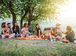 Piknik s prijatelji na travi pod drevesom