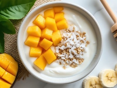 Jogurt z mangom, banano, kokosom in granolo