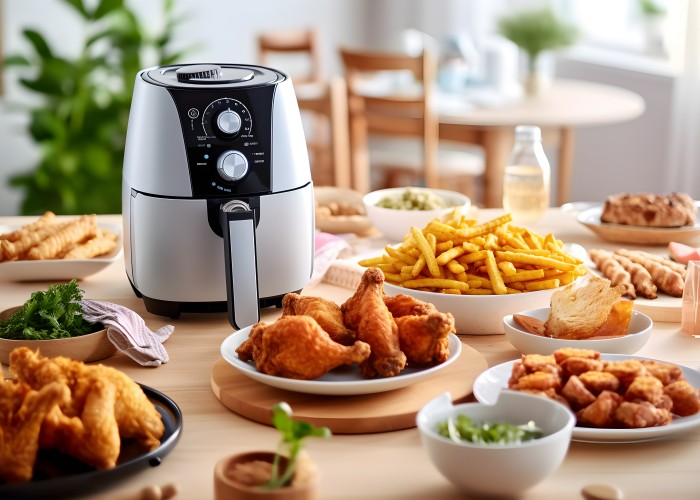 Air Fryer with Fried chicken, french fries, fried potatoes, salad and toaster on a wooden table. AI Generative Air Fryer with Fried chicken, french fries, fried potatoes, salad and toaster on a wooden table. AI Generative
