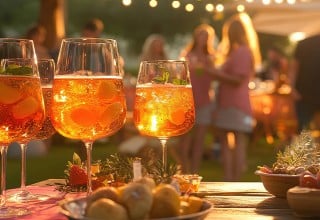 Kozarci s koktejli na mizi, obloženi s hrano, v ozadju piknik