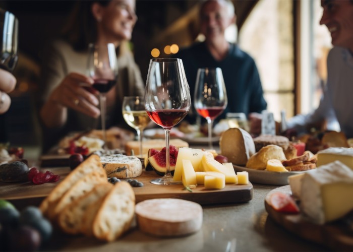 Sirni narezki ob kozarcih vina