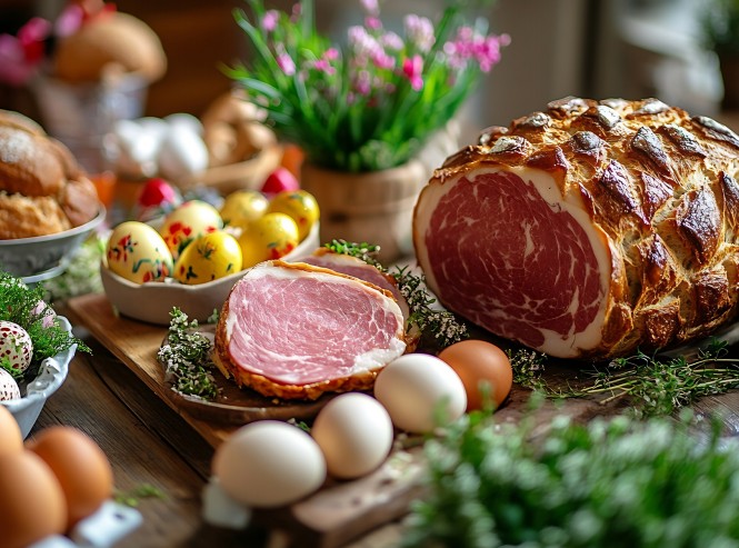 Velikonočna šunka obdana s pirhi