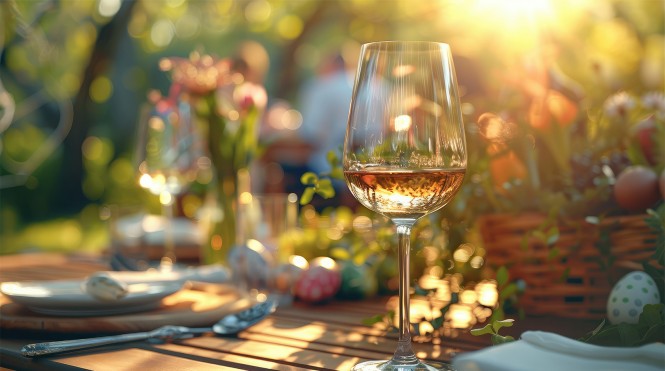 Kozarec vina na velikonočno okrašeni mizi
