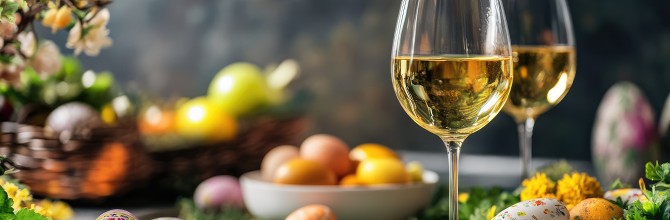 Kozarca belega vina na mizi ob velikonočnih motivih