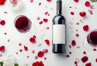 Rdeče vino na mizi z lističi rdeče vrtnice.