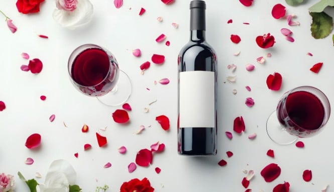 Rdeče vino na mizi z lističi rdeče vrtnice.