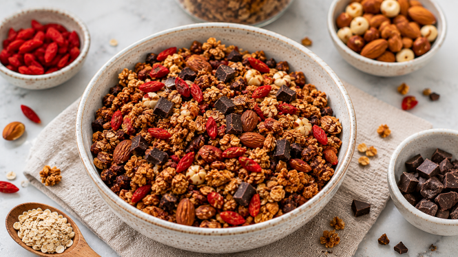Granola z goji jagodami, oreščki in temno čokolado