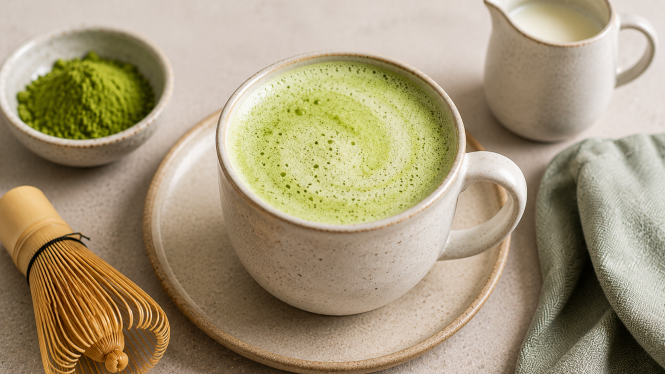 Napitek matcha latte v skodelici