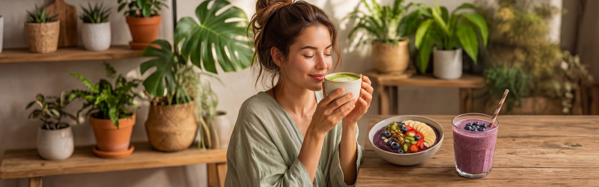 Ženska sedi za mizo in pije matcha latte