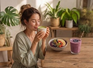 Ženska sedi za mizo in pije matcha latte