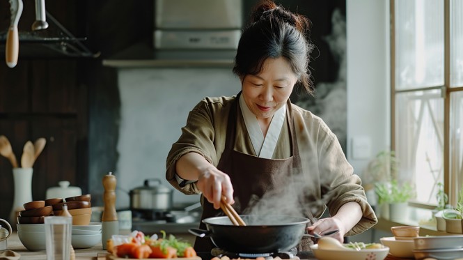 Odkrijte suši in japonsko umetnost dolgoživosti Azijska ženska, ki kuha v svoji domači kuhinji