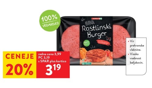 SPAR BBQ RASTLINSKI BURGER - 20% ceneje s SPAR plus kartico