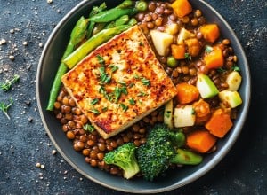 Popečen tofu z zelenjavo in lečo v skledi