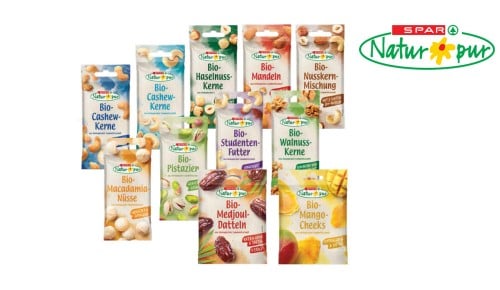 SPAR Natur*pur bio oreščki in bio suho sadje v priročni embalaži, 11 vrst, 20 do 50 g
