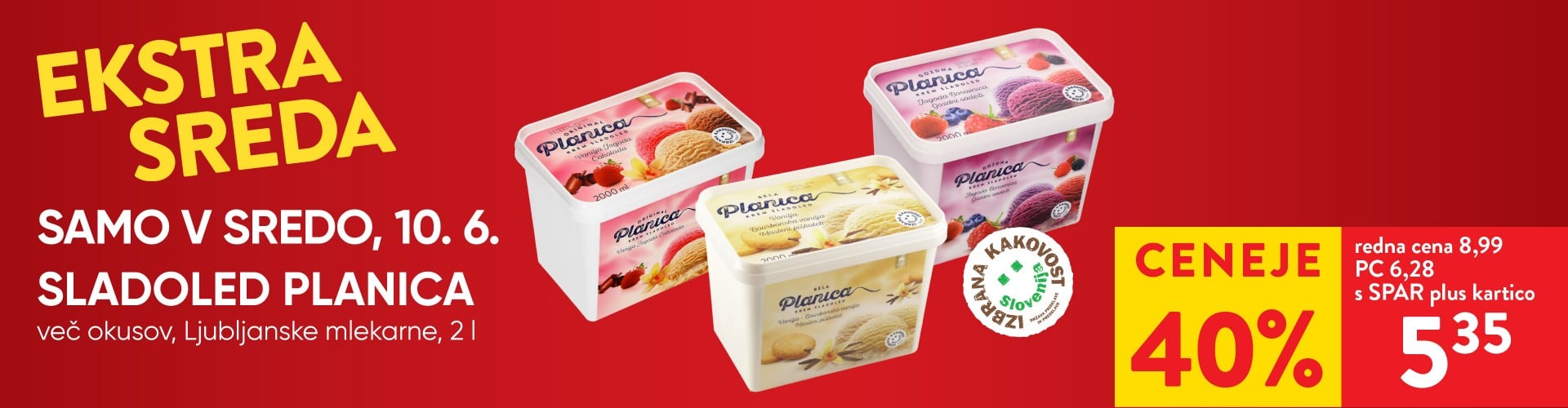 Ekstra sreda: SLADOLED PLANICA, več okusov, Ljubljanske mlekarne, 2 l - 40 % ceneje s SPAR plus kartico