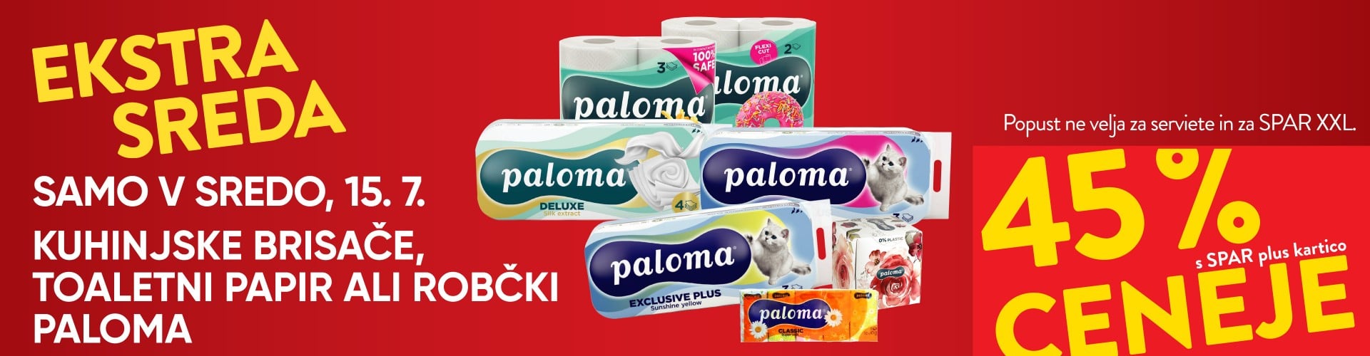 Ekstra sreda: KUHINJSKE BRISAČE, TOALETNI PAPIR ALI ROBČKI PALOMA - 45 % ceneje s SPAR plus kartico