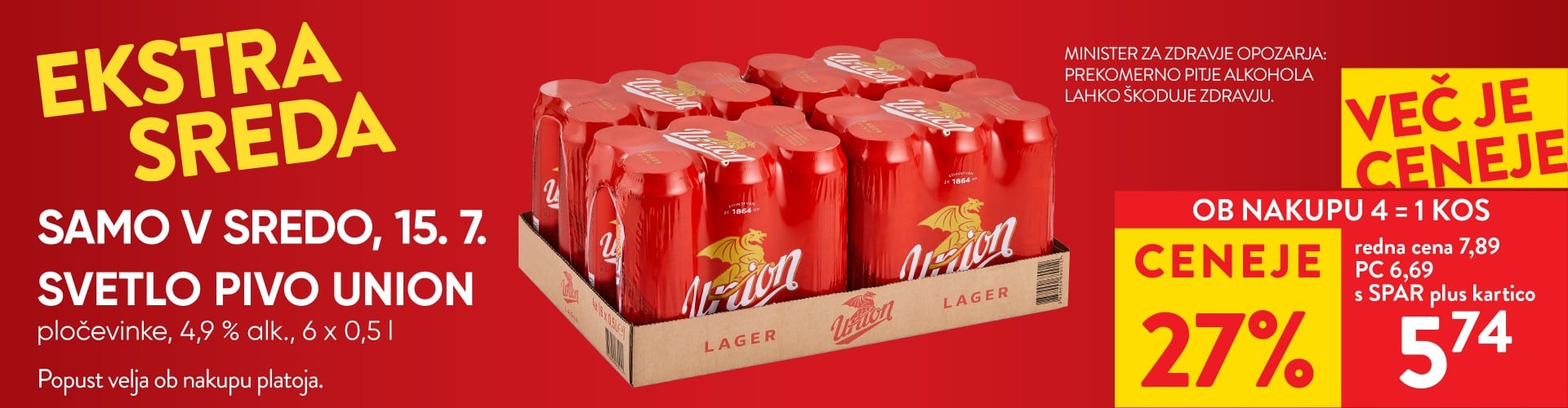 Ekstra sreda: SVETLO PIVO UNION pločevinke, 4,9 % alk., 6 x 0,5 l - 27 % ceneje s SPAR plus kartico