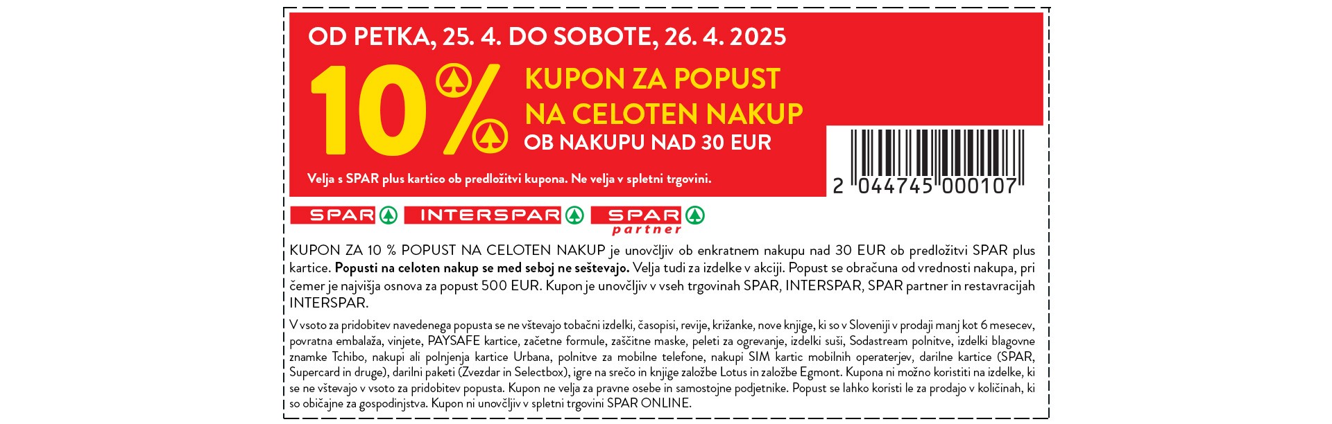 10 % kupon za popust na celoten nakup ob nakupu nad 30 EUR - 25. 4. in 26. 4. 2025