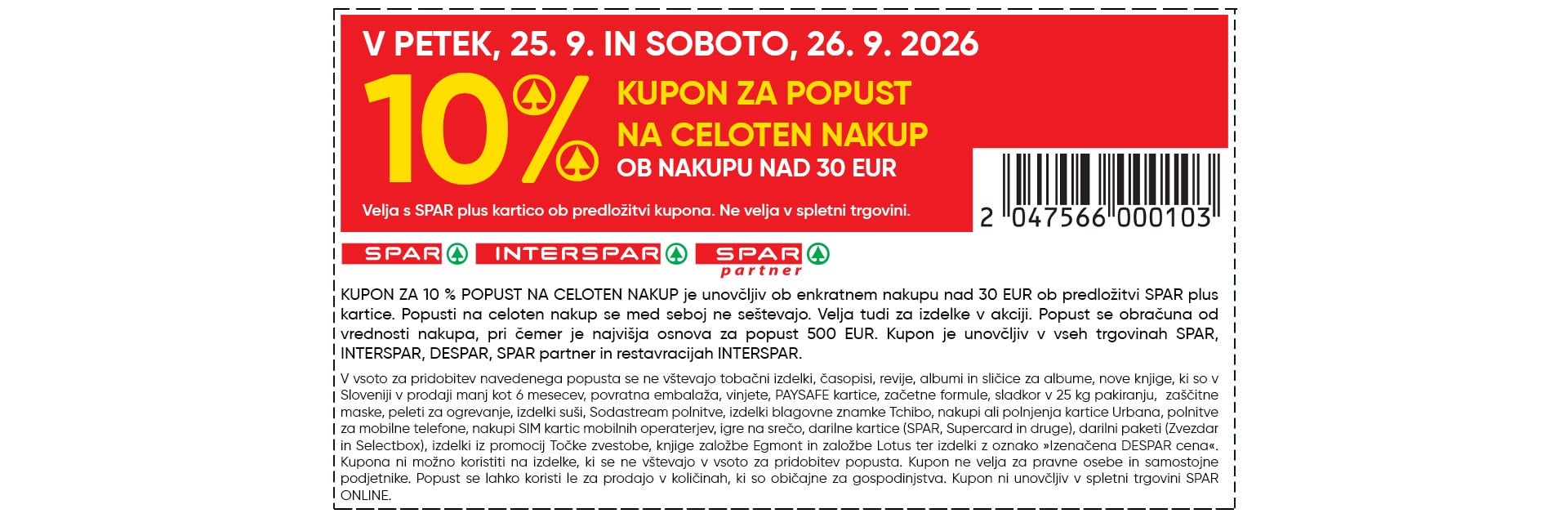 10 % kupon za popust na celoten nakup ob nakupu nad 30 EUR - 25. 9., 26. 9. 2026