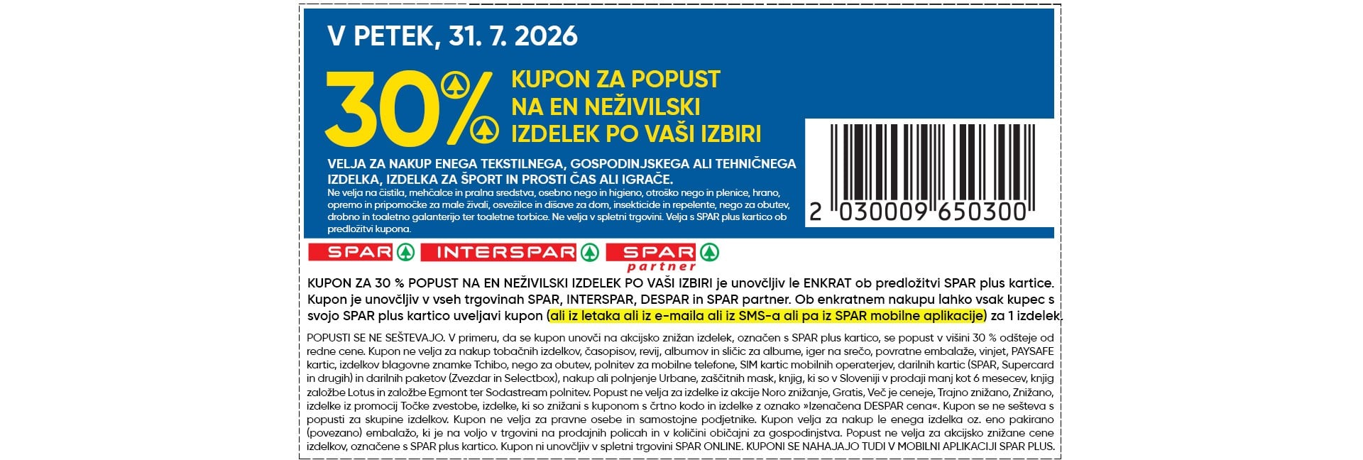 Kupon za 30 % popust na en neživilski izdelek po vaši izbiri - 31. 7. 2026