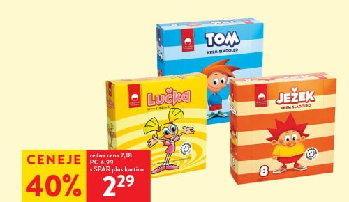 SLADOLED LUČKA, TOM ALI JEŽEK, Ljubljanske mlekarne, 8 x 70 ml - 40 % ceneje s SPAR plus kartico