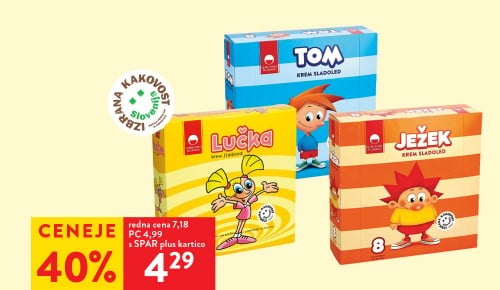 SLADOLED LUČKA, TOM ALI JEŽEK, Ljubljanske mlekarne, 8 x 70 ml - 40 % ceneje s SPAR plus kartico