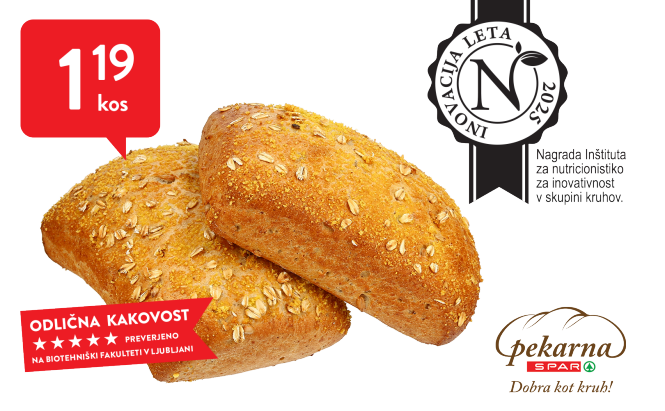 Pekarna SPAR Čičerikina copatka, označevalec INOVACIJA LETA 2025 - nagrada Inštituta za nutricionistiko za inovativnost v skupini kruhov