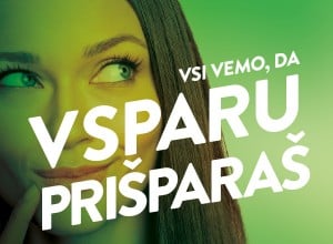 Slogan VSI VEMO, DA V SPARU PRIŠPARAŠ Z NAJBOLJŠIMI AKCIJAMI, ter ženski obraz z zelenim filtrom