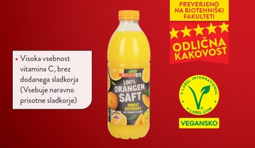 SPAR POMARANČNI SOK, znak ODLIČNA KAKOVOST in znak VEGANSKO