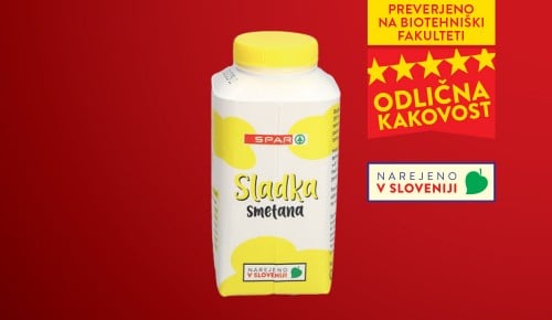 SPAR SLADKA SMETANA, znak ODLIČNA KAKOVOST in NAREJENO V SLOVENIJI