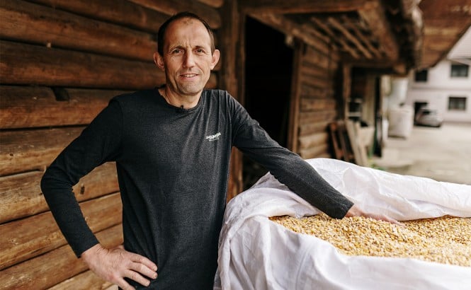 Lastnik kmetije Ažman ob velikem žaklju koruze