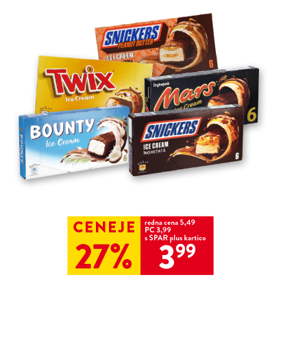 SLADOLED MARS, SNICKERS, BOUNTY, SNICKERS CREAMY ALI TWIX 6/1