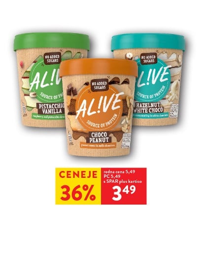 SLADOLED AL!VE - 36 % ceneje s SPAR plus kartico