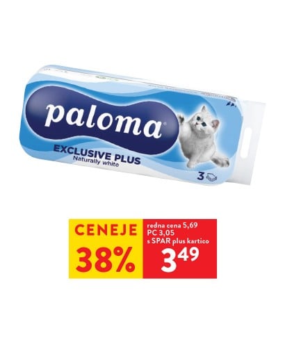 Toaletni papir Paloma- 38 % ceneje s SPAR plus kartico