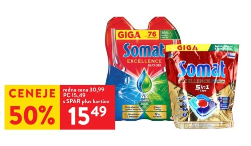 SOMAT ZA STROJNO POMIVANJE POSODE tablete Excellence, 60/1 ali 54/1 ali gel, dve vrsti, Excellence 2 x 684 ml - 50 % popust s SPAR plus kartico