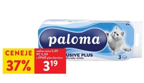 TOALETNI PAPIR PALOMA exclusive plus, beli, 3 slojni, 150 lističev, 10/1 - 37 % ceneje s SPAR plus kartico