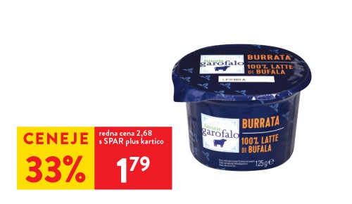 BURRATA, bivolja, Garofalo, 125 g - 33 % ceneje s SPAR plus kartico