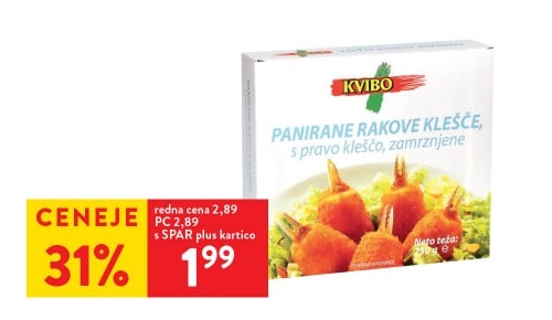 PANIRANE RAKOVE KLEŠČE, zamrznjeno, Kvibo, 250 g - 31 % ceneje s SPAR plus kartico