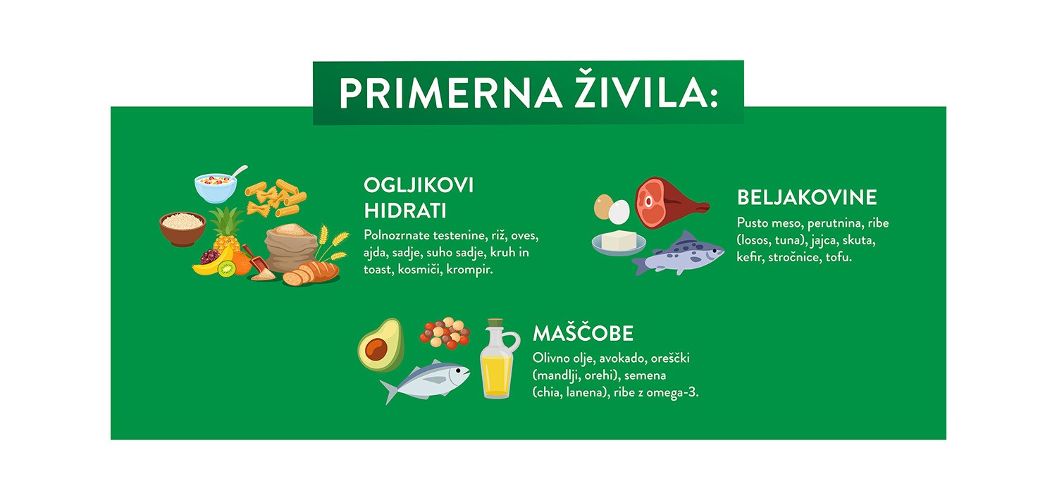 Več vem o športni prehrani Infografika - primerna živila: ogljikovi hidrati, beljakovine in maščobe