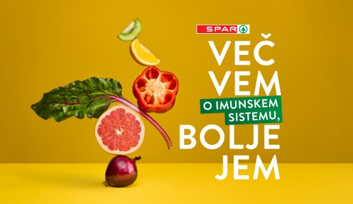 Na rumeni podlagi je sadje in zelenjava