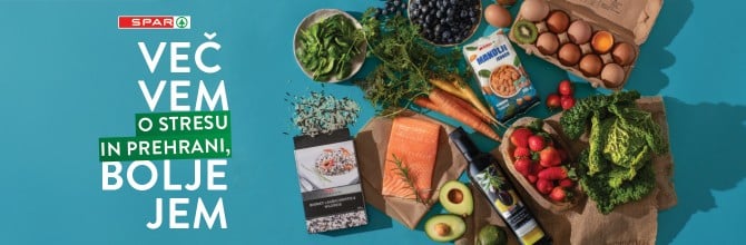 Več vem o STRESU IN PREHRANI, bolje jem, sadje in zelenjava ter SPAR produkti na modrem ozadju